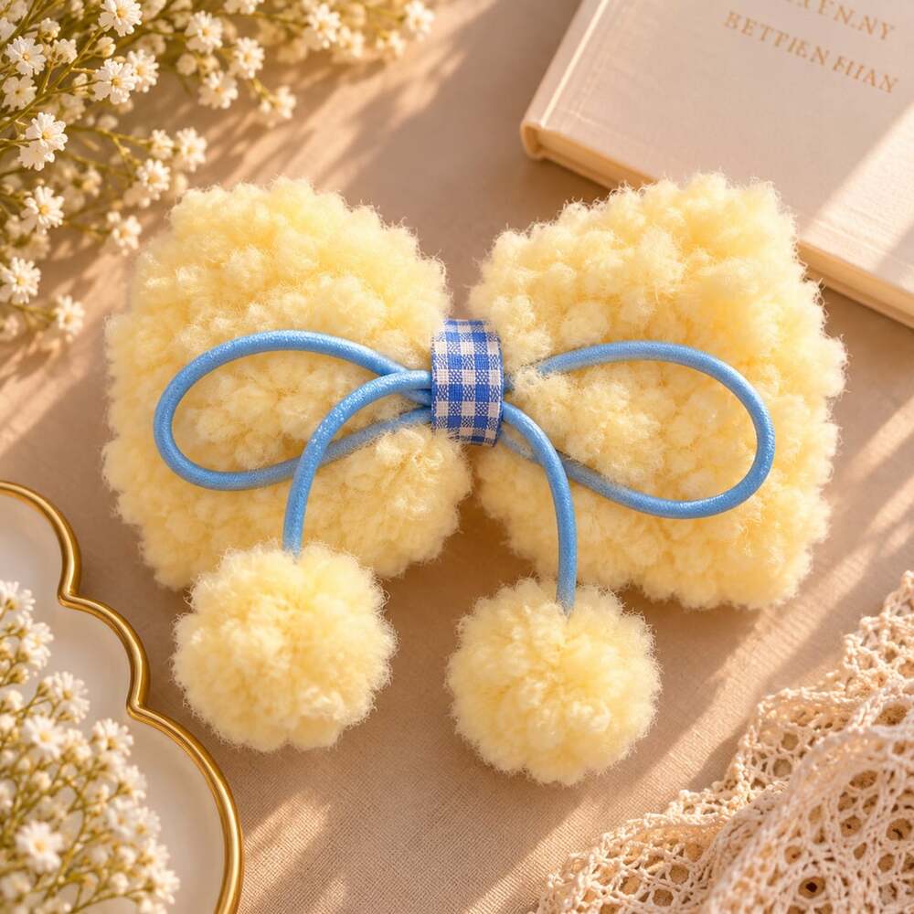 Cozy Girl Plush Pom Pom Bow Hair Clip Pastel Yellow Blue Kawaii